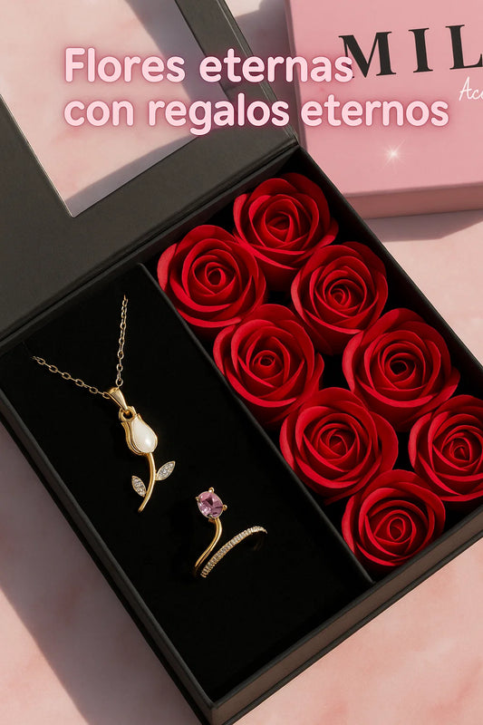 Caja premium con rosas eternas + collar tulipán + anillo